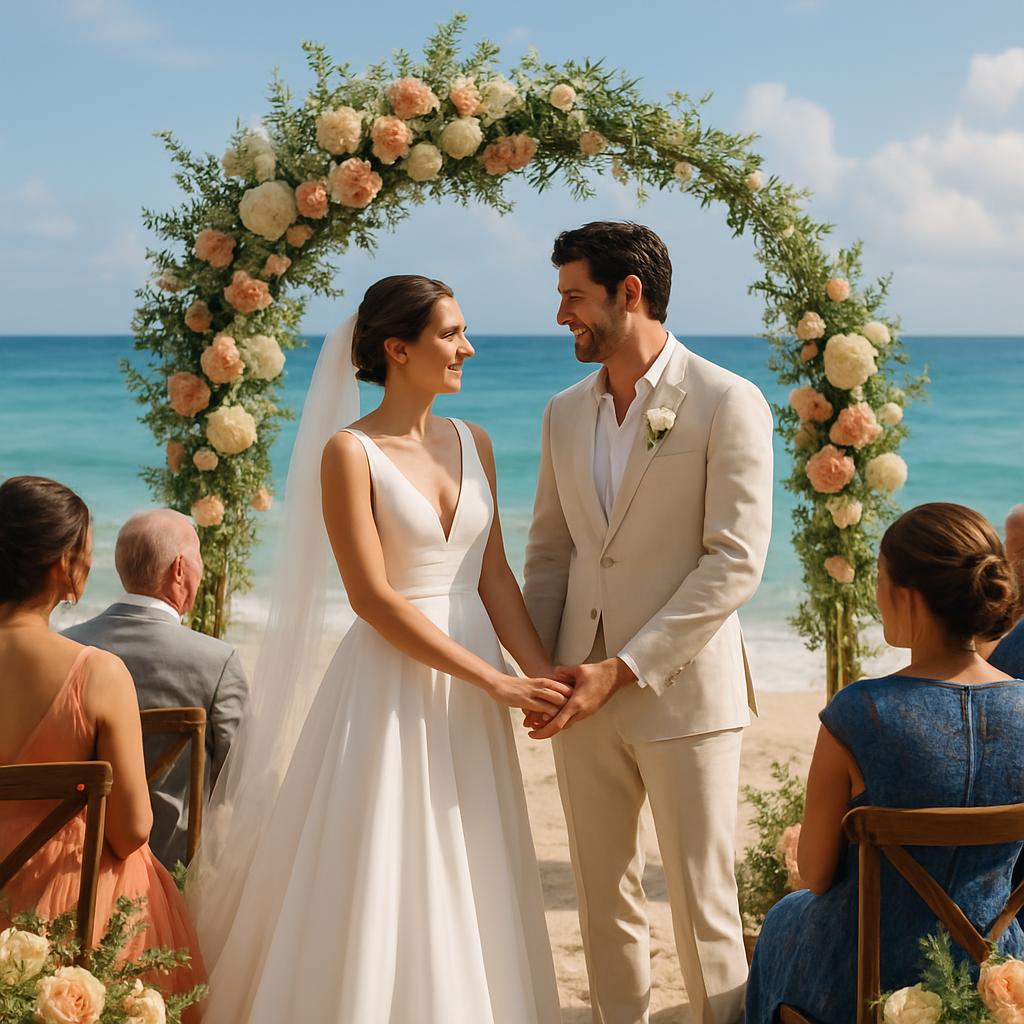 A newlywed couple stands hand in hand on a sun-kissed beach, surrounded by a serene ocean vista and an elegant floral arch...