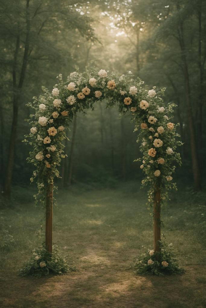 A rustic outdoor wedding archway, with a lush greenery and white flowers in a forest clearing.