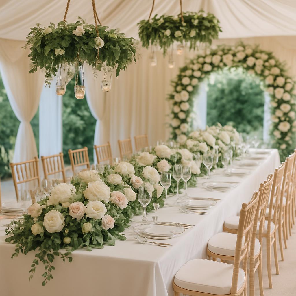A beautifully decorated dining table with white tablecloth, flowers, and glasses, set for a special event or celebration.