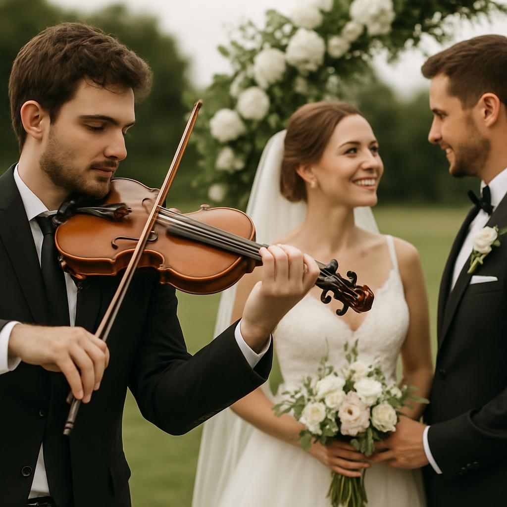 Man playing a violin for a bride and groom on their wedding day. The man is wearing a black suit and tie, and has short br...